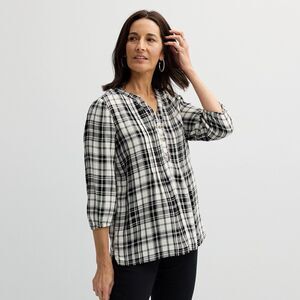 Croft & Barrow top blouse womens Plus Size 1X Black pintuck 3/4 sleeve plaid